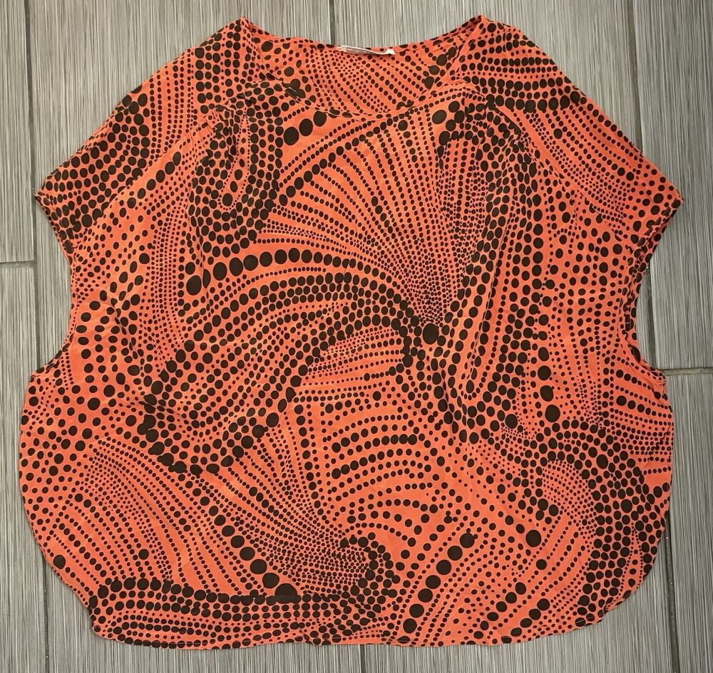 Whistles Silk Blouse Women’s 8 Burnt Orange/Black Swirling Dot-Work Pattern